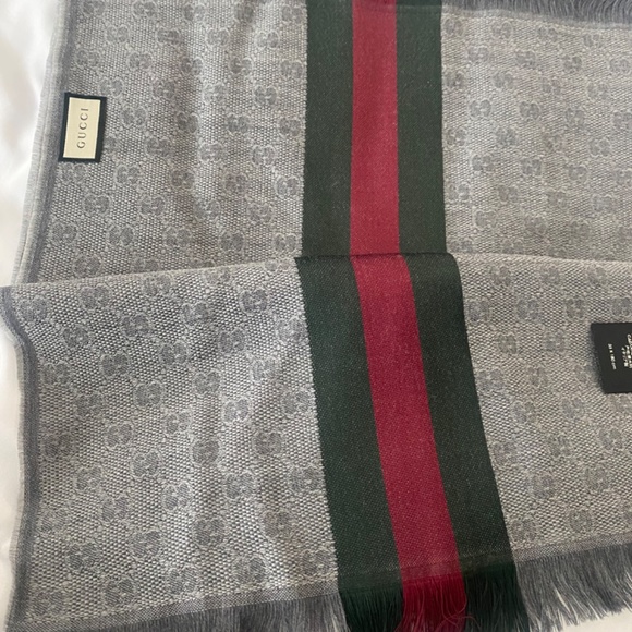 NWT GUCCI gray/green/red WEB stripe VERBIERE wool/silk knit 35x180cm scarf - Picture 6 of 9